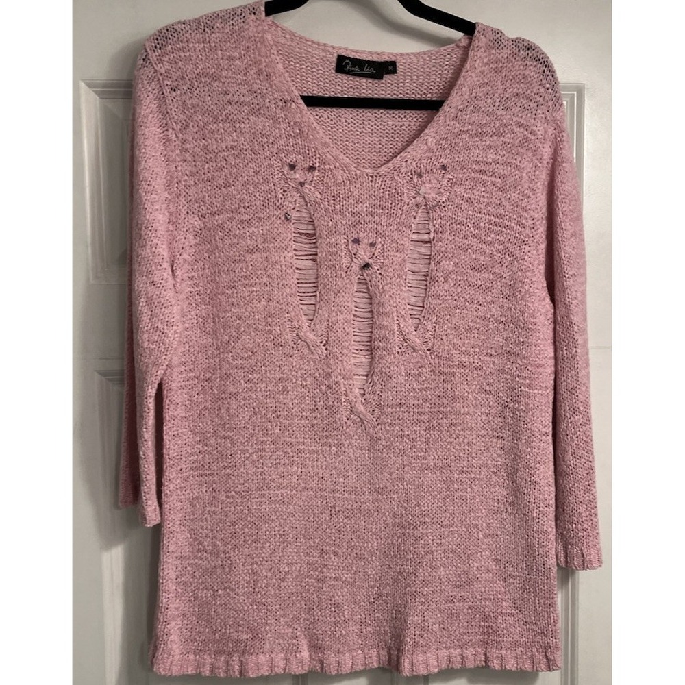 Cottage Country Raffia Loose Knit Sweater Women Pink Medium Pina Lia
